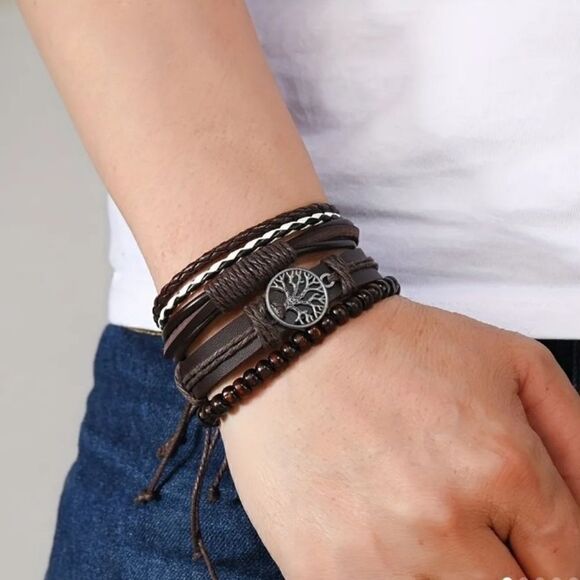None Other - 4 men's leather bracelets layered braided tree of life brown New c8